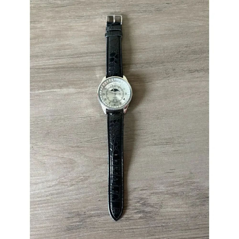 George Crystal Bezel Moon Phase Watch Black Croc Strap Silver Tone Quartz